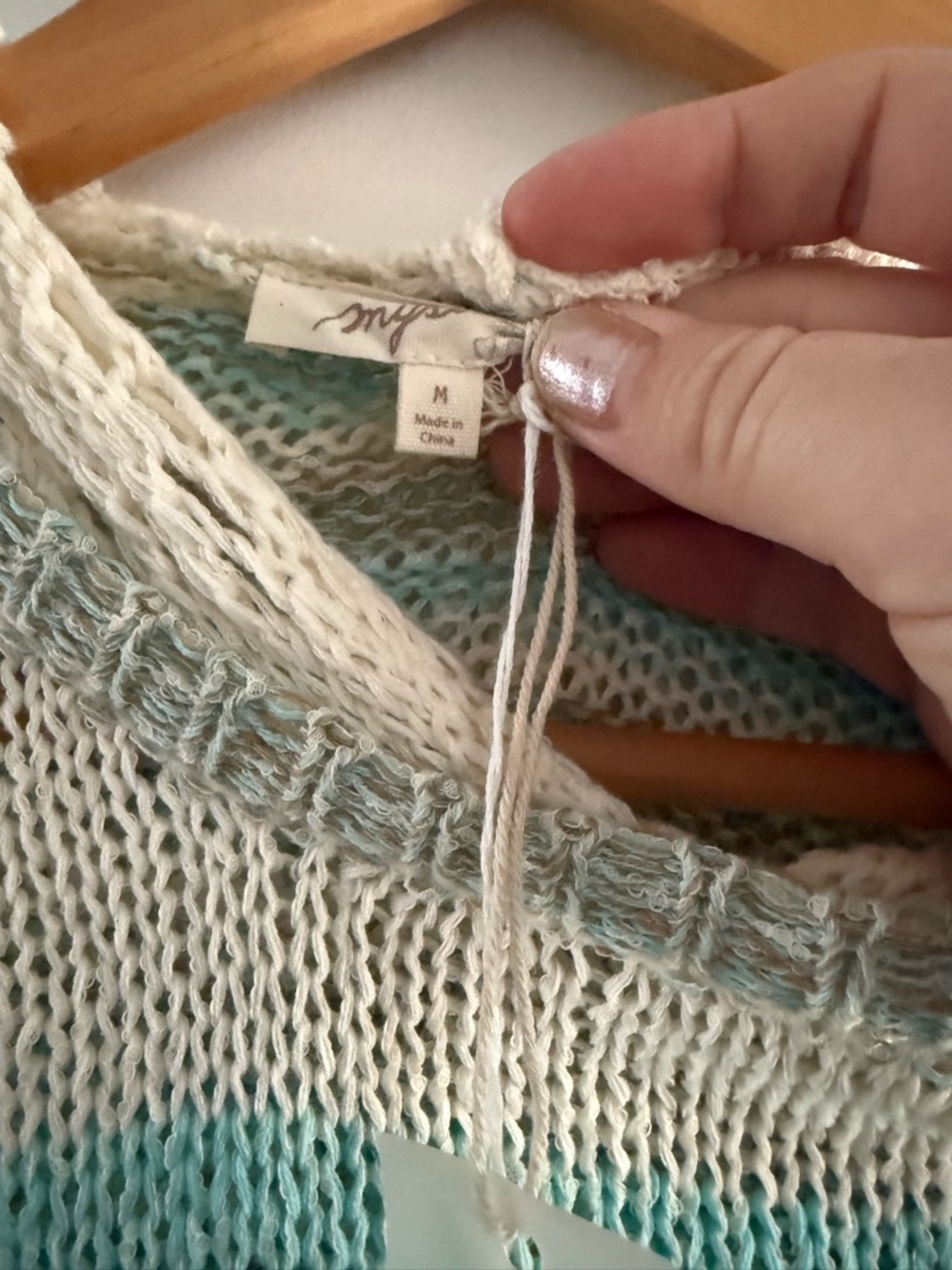 Mystree Cream & Aqua Striped Knit Sweater Coastal Cowgirl Beach Vacation - Picture 3 of 7